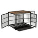 Three-door large dog crate with black and walnut wood finish