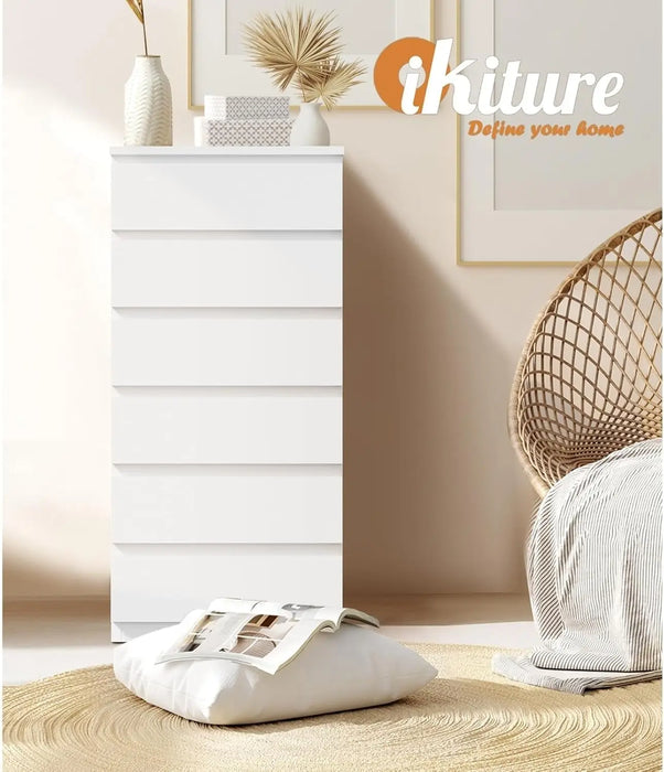 Tall White Wooden Chest of Drawers 6-Drawer Handle-Free Storage Unit for Bedroom or Living Room