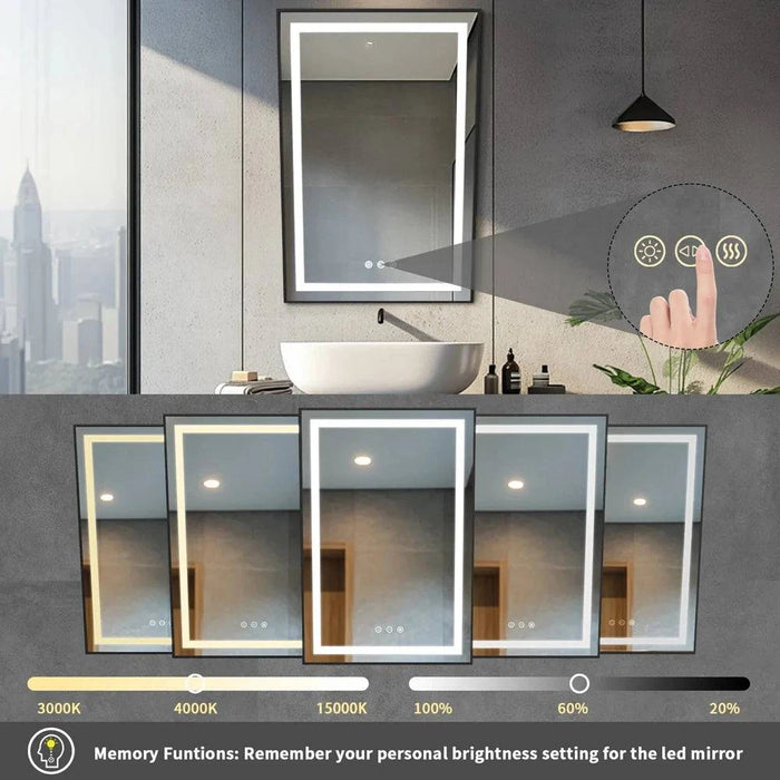 60x90 cm LED Illuminated Bathroom Mirror with Fixed Tilt, Smart Front-lit Black Framed Design - FLUXA