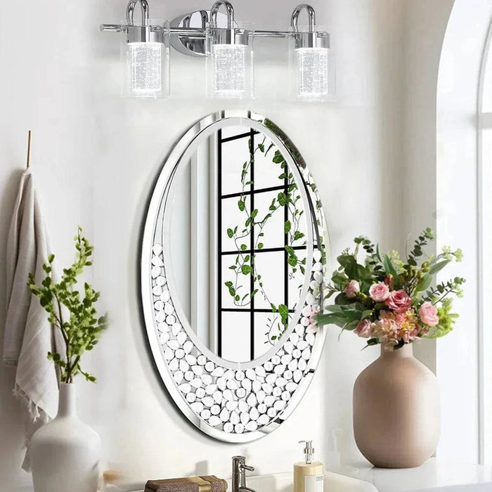 60x105 CM modern oval wall mirror with bling effect, silver Venetian accent for hallway bathroom decor