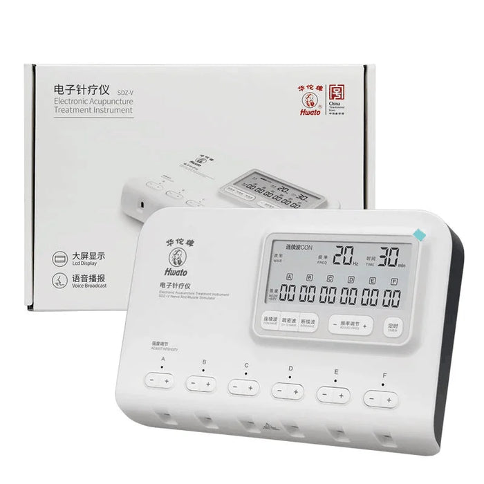  Electroacupuncture stimulator package with main device, electrode wires, self-adhesive electrodes, metal clamps, power adapter, and user manual
