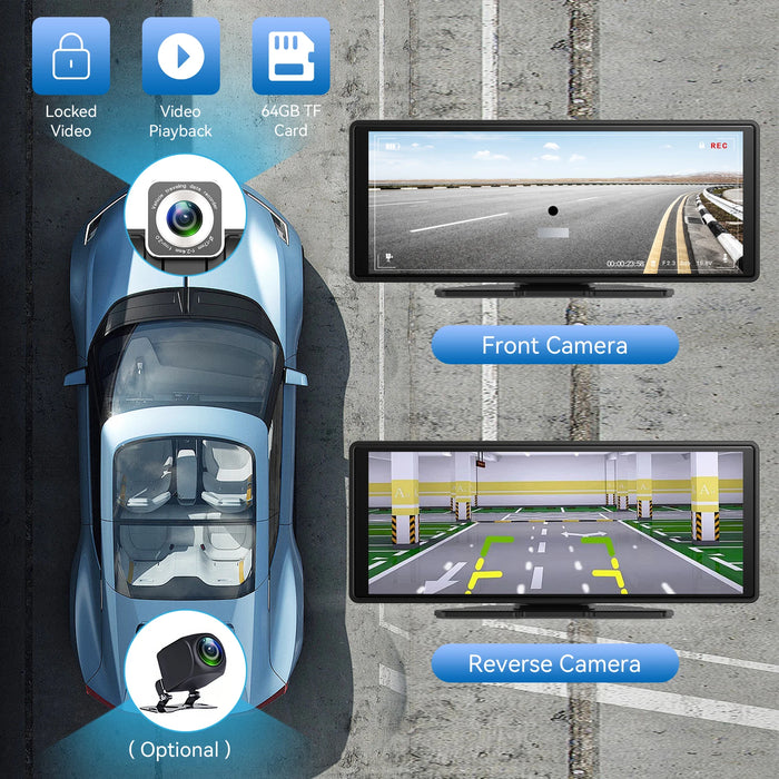10" CarPlay Display with 1080p Dash Cam & Rear View TF Support