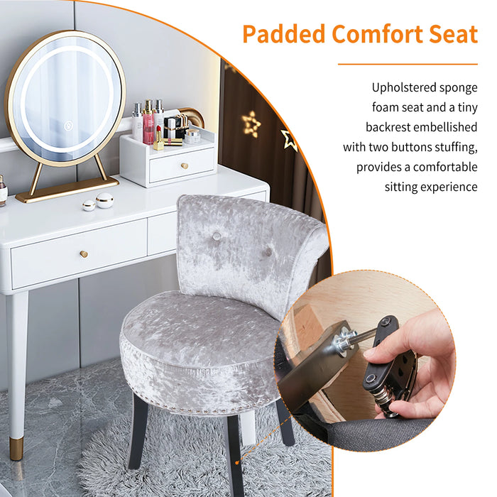 Crushed velvet pink vanity stool with comfortable backrest for dressing table