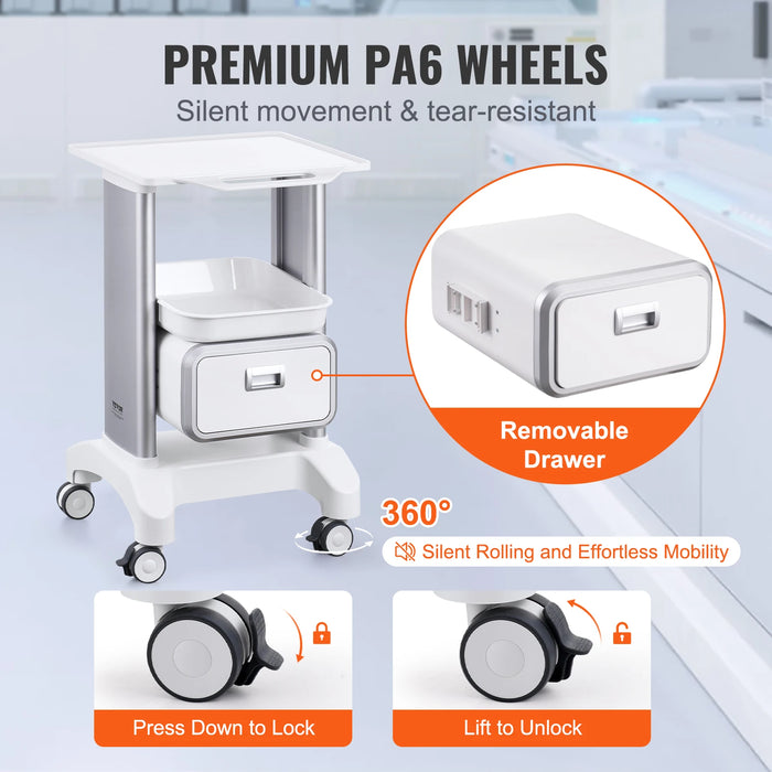 Mobile lab utility cart with 4 shelves, made of white ABS material, rolling cart suitable for clinic, hospital, and salon use