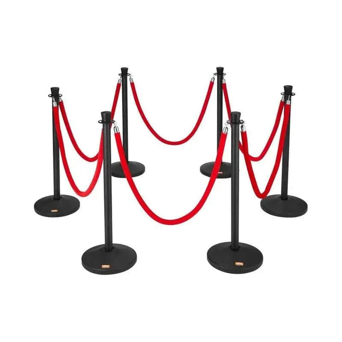 Two-piece black stanchion posts with velvet ropes and fillable plastic base