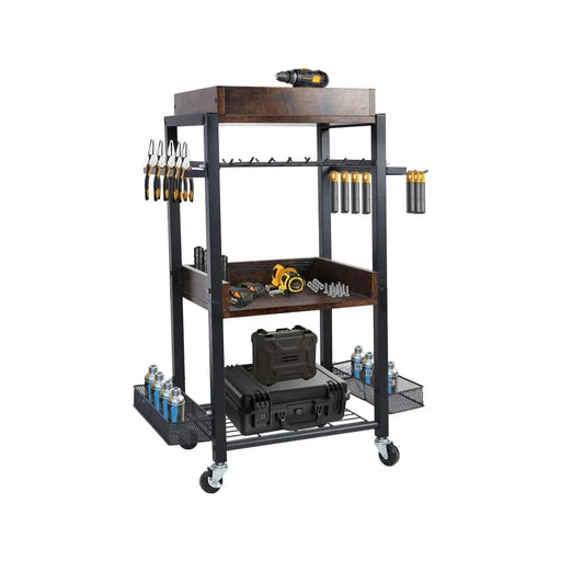 4-tier rolling power tool storage cart with drill racks for garage organization