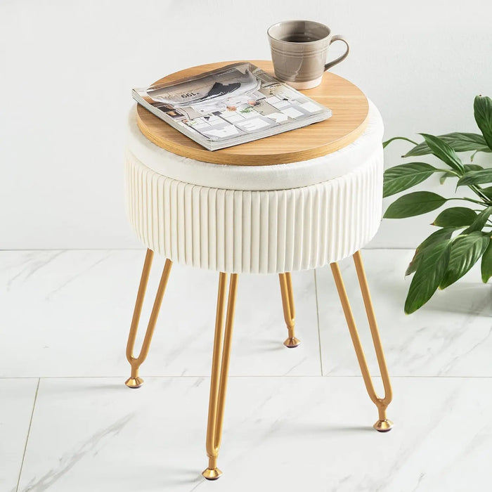 Small Round Velvet Makeup Chair Beige Storage Ottoman with Gold Legs, 46cm Tall