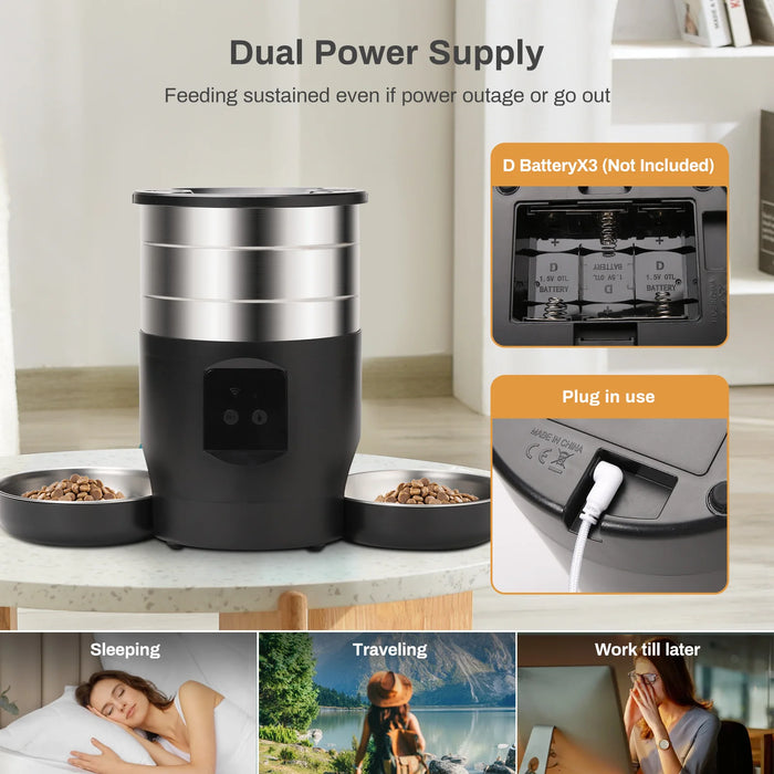 White automatic pet feeder with stainless steel bowls for WiFi connectivity