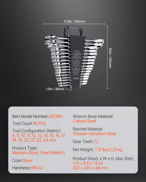 16pcs Metric Ratcheting Wrench Set made from Chrome Vanadium Steel, includes Organizer Rack