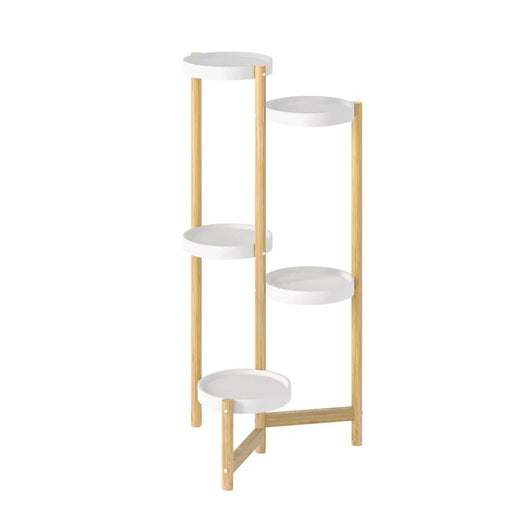 5-Tier Bamboo Plant Stand Indoor Corner Display Shelf with Natural Wood and White Color, ideal for living rooms, bedrooms, balconies, patios, and gardens, made from 70% bamboo and 30% PP plastic for a sustainable environment 