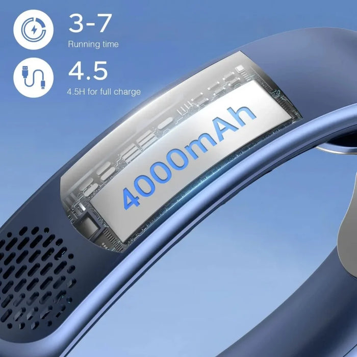 Portable USB Neck Fan, Vaneless, 4000mAh, Digital Display, White, Quiet & Efficient Cooling