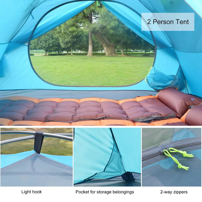 Two-person green winter camping tent with snow skirt and 4-season backpacking shelter designed for outdoor use in cold climates