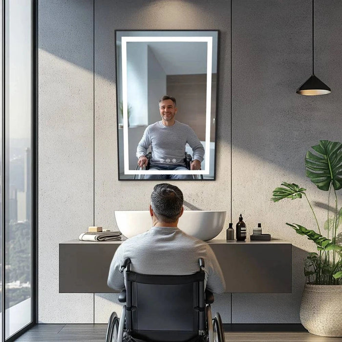60x90 cm LED Illuminated Bathroom Mirror with Fixed Tilt, Smart Front-lit Black Framed Design - FLUXA