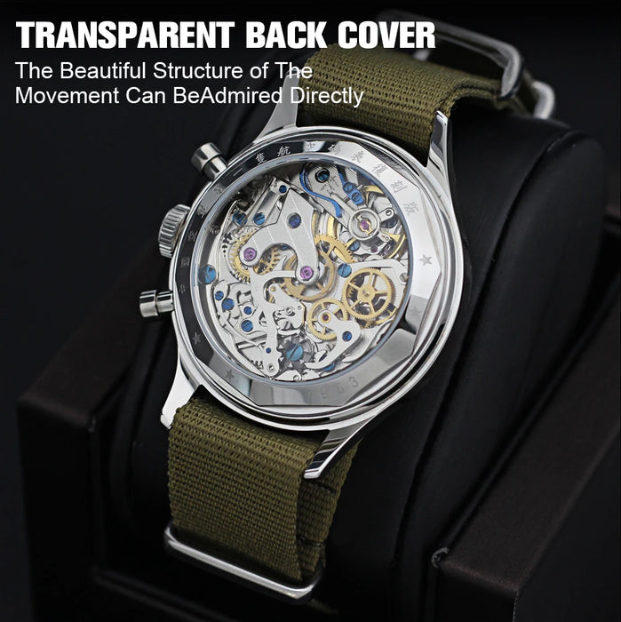 Mechanical watch with 38mm chronograph, pilot design, sapphire crystal, and Seagull movement