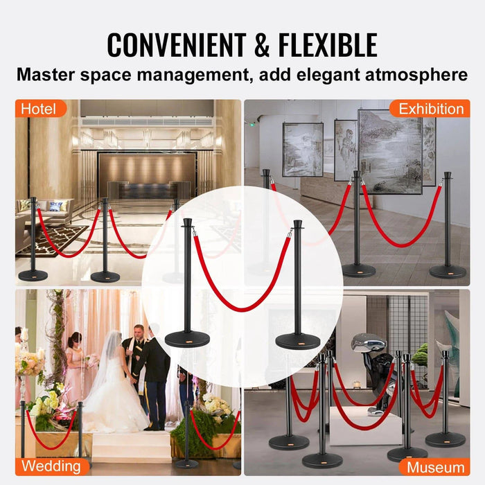 Two black stanchion posts with velvet ropes and fillable plastic base