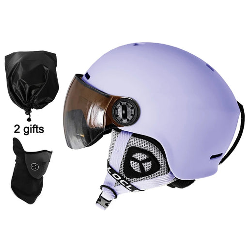 Purple Skiing Helmet with Integrated Goggles for Men, Women, and Children, Size Medium, High-Performance Construction with PC Outer Shell and EPS Inner Foam, Orange Lens for Clear Visibility, Anatomical Design with Velvet Protection Pad, Magic Buckle Connection, Storage Advice, and Helmet Bag Included
