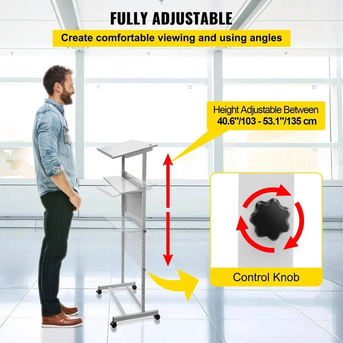 Height Adjustable Standing Lectern with Rolling Casters and Storage Shelf in Church Setting
