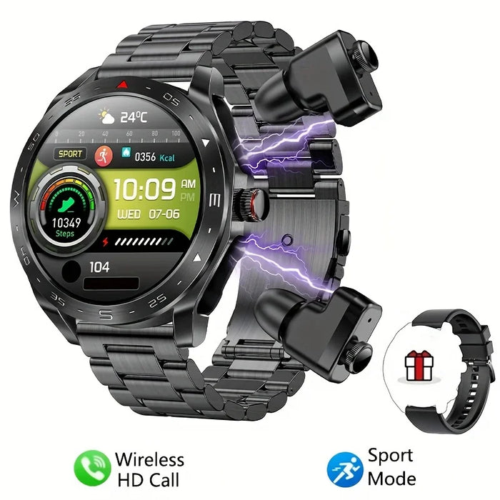 Steel Black Smart Watch with 2-in-1 TWS Bluetooth Earphones and HD Bluetooth Call package contents including smartwatch, earbuds, charging cable, user manual, and outer packaging box