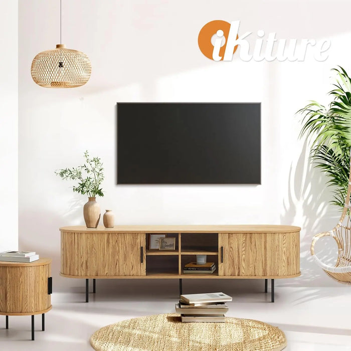 160cm Retro Oak Entertainment Unit with Sliding Tambour Doors and 4 Storage Compartments