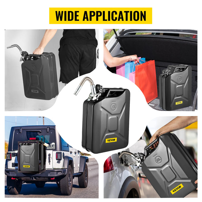 Two green, heat-resistant 20L fuel can steel petrol tanks with flexible spouts