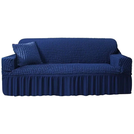 Upgrade your living space with this Navy Blue Plaid Seersucker Stretch Sofa Cover for 2-seater sofas