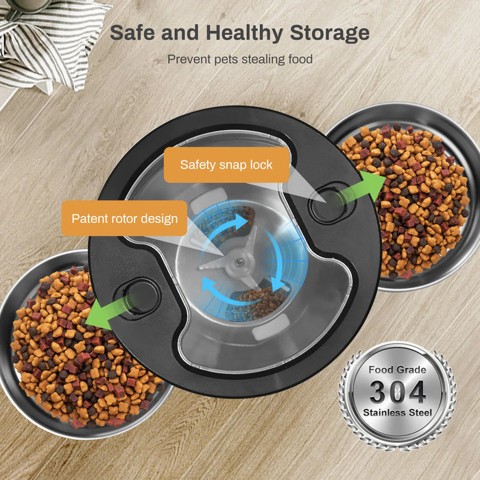Black automatic pet feeder with WiFi connectivity and stainless steel bowls