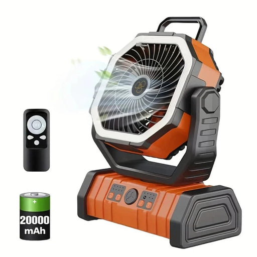 Portable Outdoor Camping Fan with LED Light for Hiking & Fishing (Orange) in use during camping