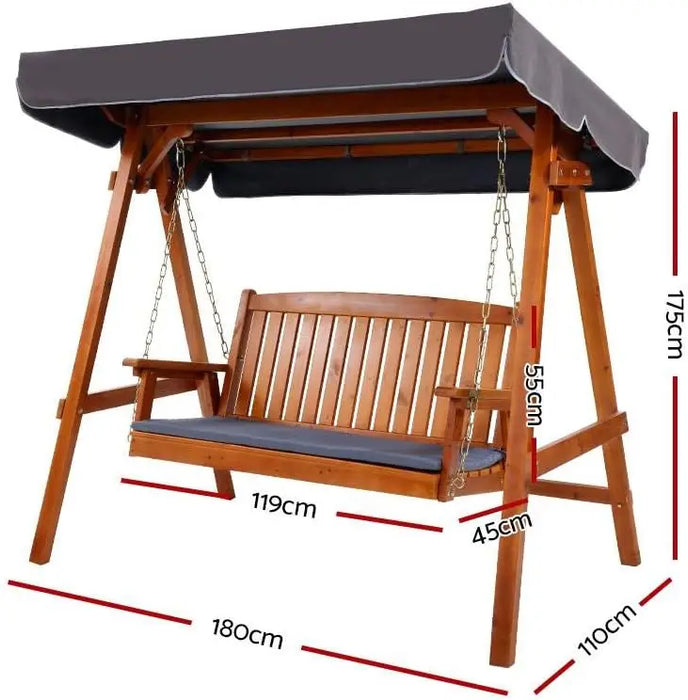 Outdoor Wooden Swing Chair 3-Seater with Adjustable Canopy & Cushions Teak Finish Patio Bench