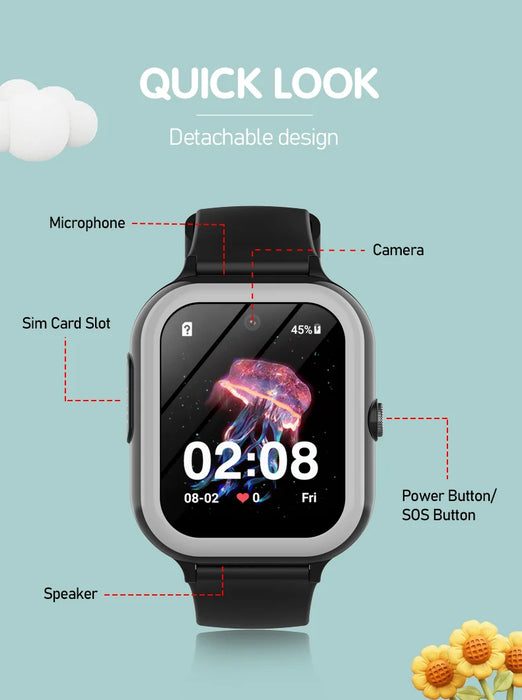 Waterproof 4G Kids Smartwatch with AMOLED Screen Black