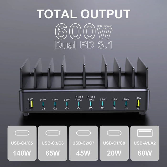 10-Port GaN USB Charger Stand for Laptop and Phone