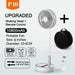 Portable white folding rechargeable fan with 10800mAh battery, USB and remote control in a convenient carrying bag