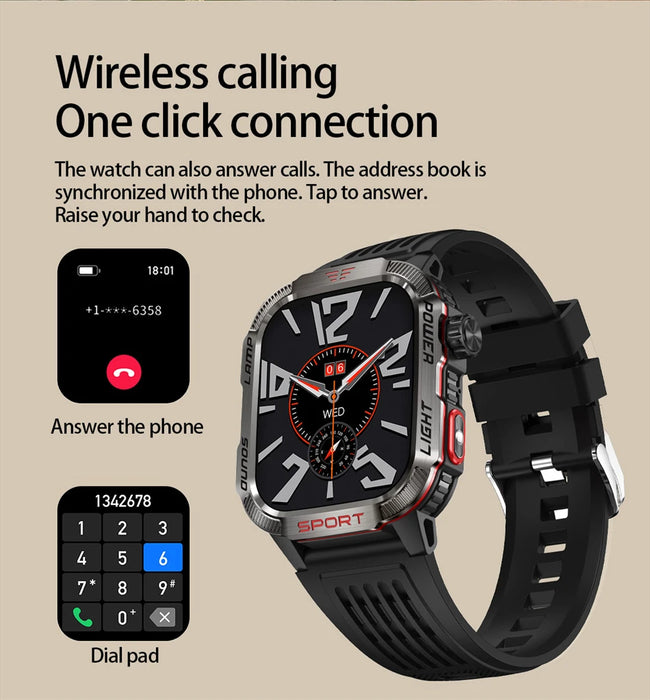 Outdoor Sports Smartwatch with Compass, Flashlight & Bluetooth Call – Black Silicone