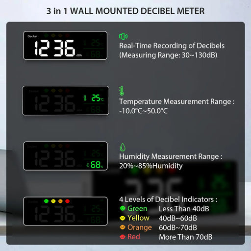 4-in-1 decibel meter with adjustable brightness LED display