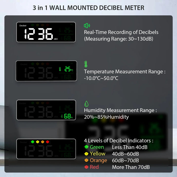4-in-1 decibel meter with adjustable brightness LED display
