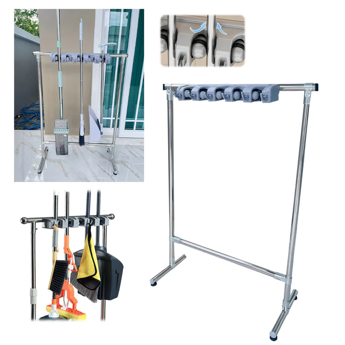Standing Mop Organizer Rack, Stainless Steel with Hooks