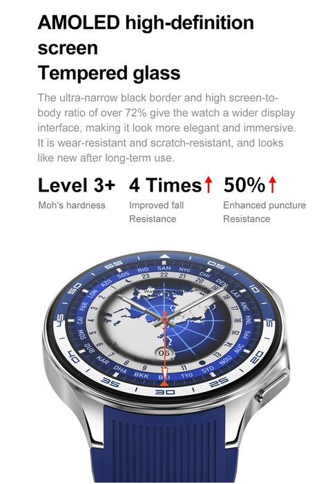 Blue Silicone Smartwatch with 143 inch AMOLED display, 32GB storage, GPS, and Bluetooth calling capabilities