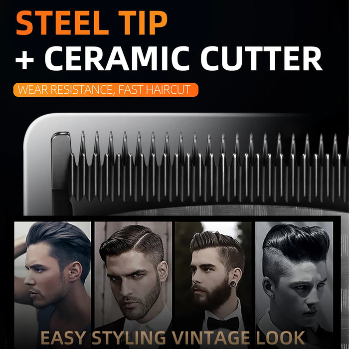 Professional cordless hair trimmer with adjustable settings and base in box