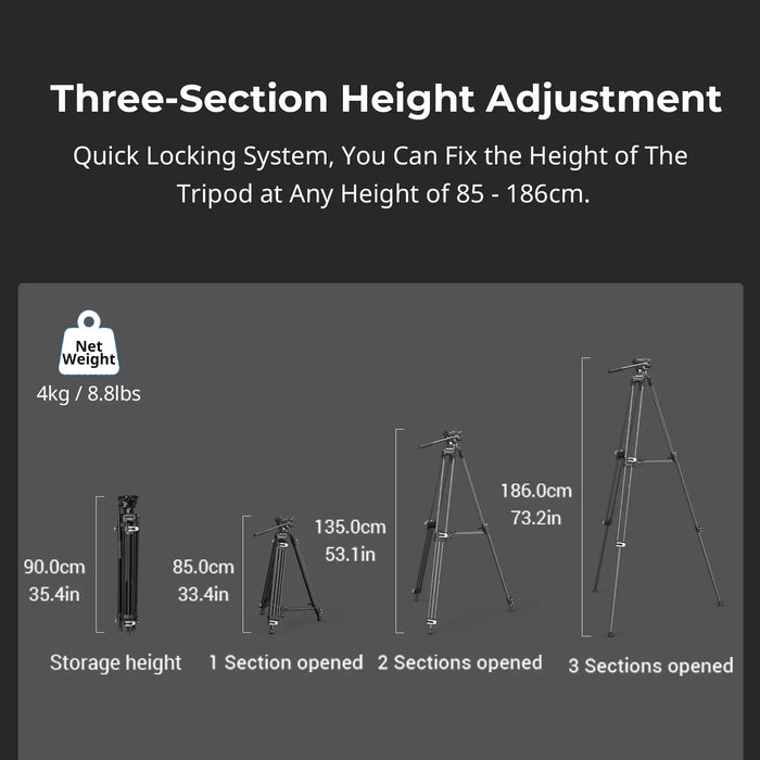 Professional Video Tripod with Aluminum Fluid Pan Head