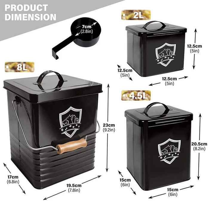 Large Capacity Metal Pet Food Storage Container with Lid Black Galvanized Iron, 3 Sizes
