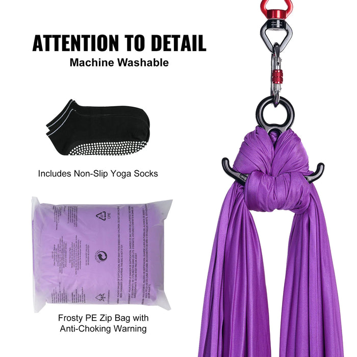 Purple Aerial Yoga Hammock Set with Non-Slip Yoga Socks and Storage Bag