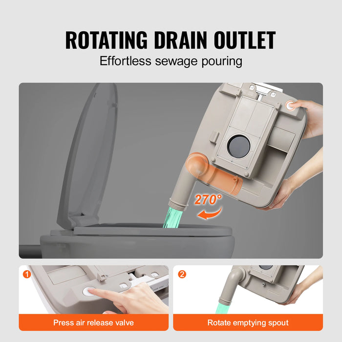 Portable camping toilet with 32L flush, 20L waste tank, pressurized pump