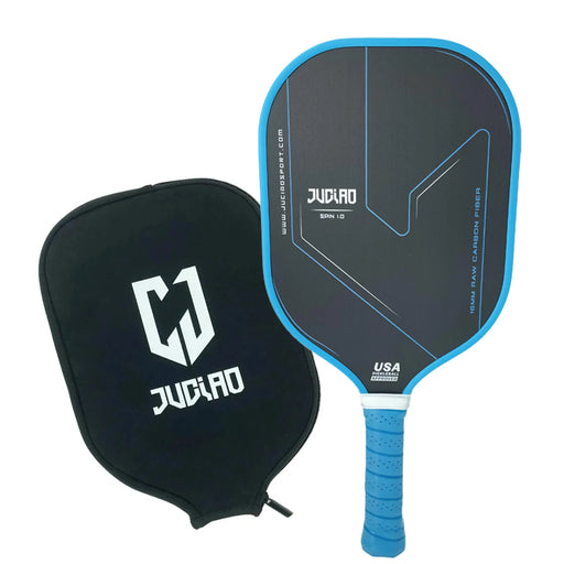 Pickleball paddle in blue color with cover, made of carbon fiber T700 material, USAPA approved, and featuring spin textured surface for enhanced performance