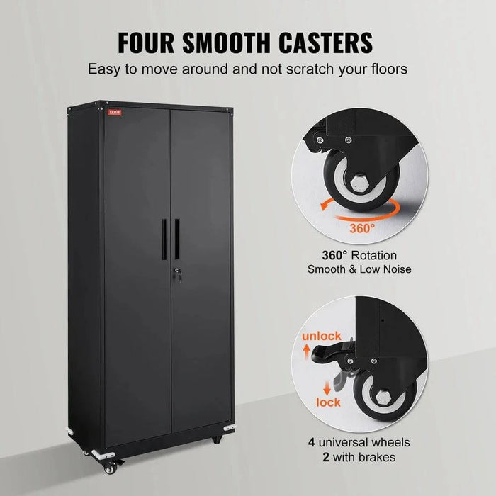 Metal storage cabinet with wheels and locking feature, 190 cm height, 2 magnetic doors, 4 adjustable shelves, and 90 kg capacity