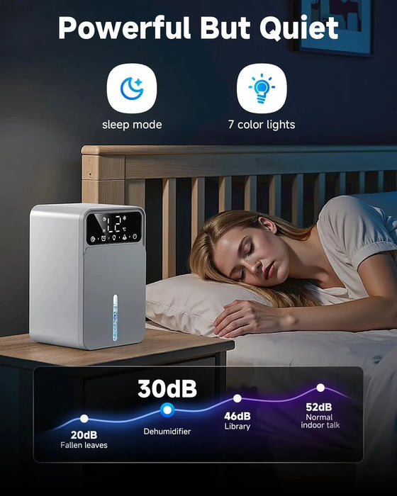 Portable White Dehumidifier with 1.6L Tank, Auto Shut Off, Timer & 7 Colour LED Night Light