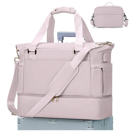 Lightweight pink waterproof travel handbag with separate wet and dry storage compartments