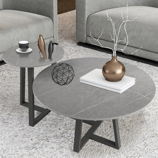 Round modern marble nesting coffee tables set of 2 in living room