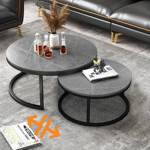 Set of 2 modern minimalist round coffee tables in black and dark grey