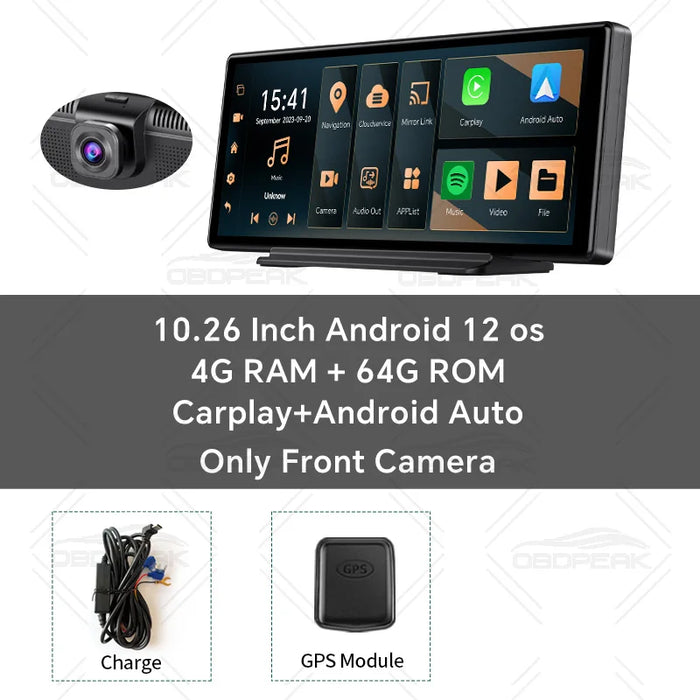 10.26" Android Auto AI Dash Cam with GPS and Dual Lens