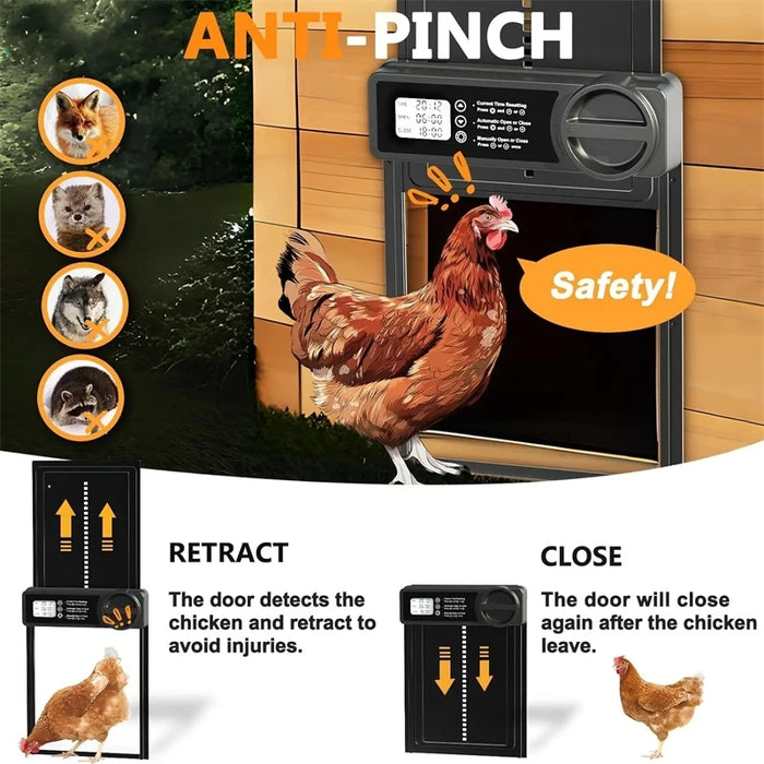 Automatic chicken coop door made from durable ABS and aluminum, designed for easy installation with no complicated wiring