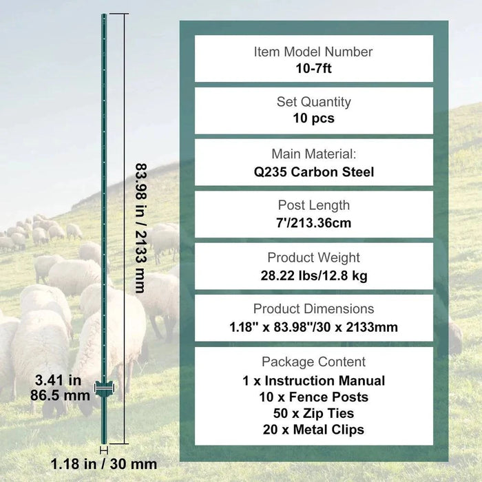 Package includes 10 heavy-duty metal fence posts, 50 zip ties, 20 metal clips, and installation guide
